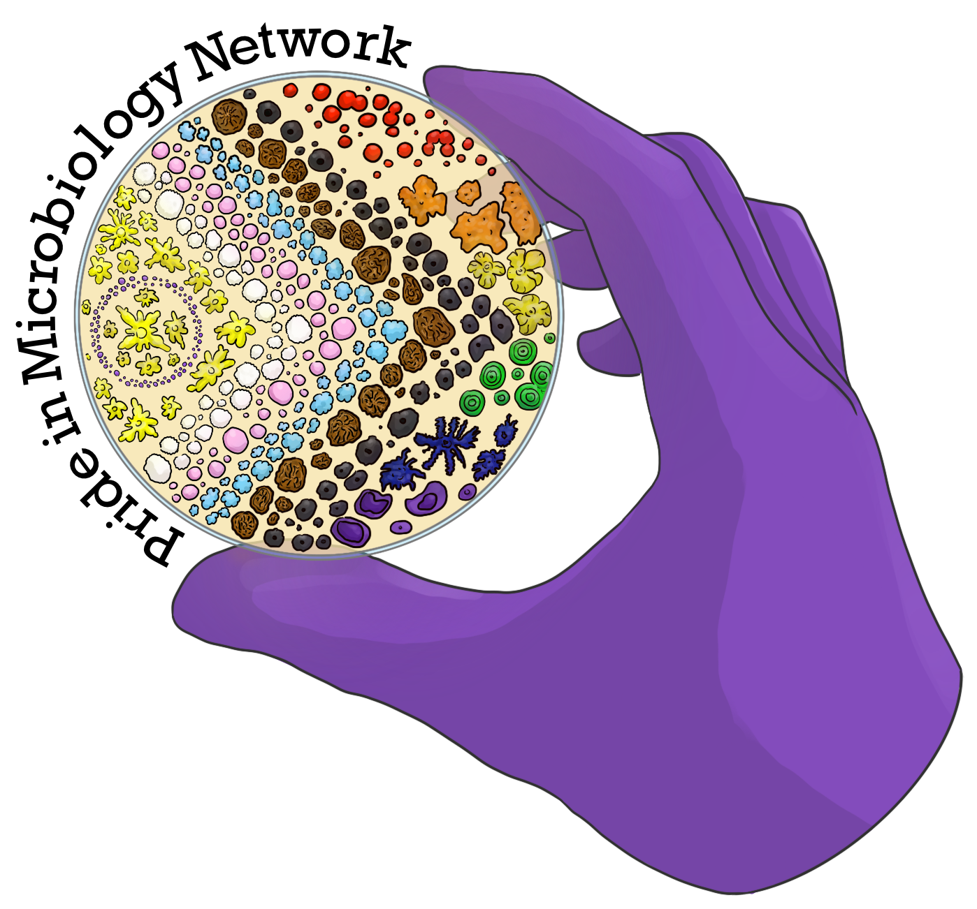 Pride in Microbiology Logo: a purple glove holding a round petri plate, within the petri plate are different bacterial growth which are arranged in colour and style to match the progress pride flag.